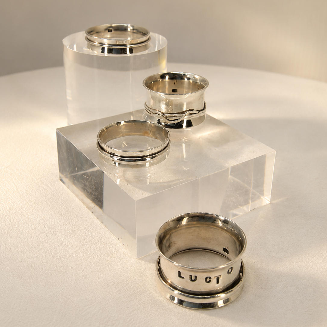 Set of silver rings on a clear acrylic stand with 'Lucio' inscription